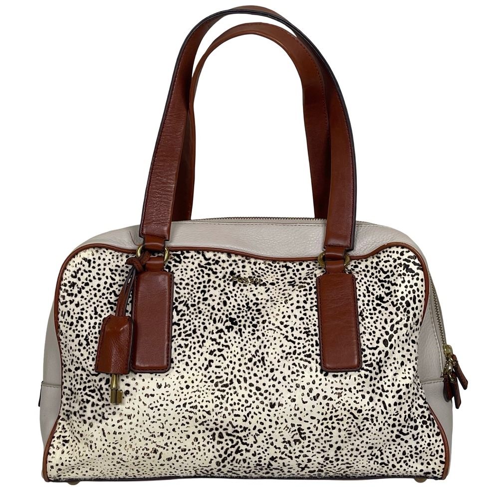 Fossil Memoir Satchel‎ Leather Calf Hair Purse White Bone Spot Animal Print Boho
